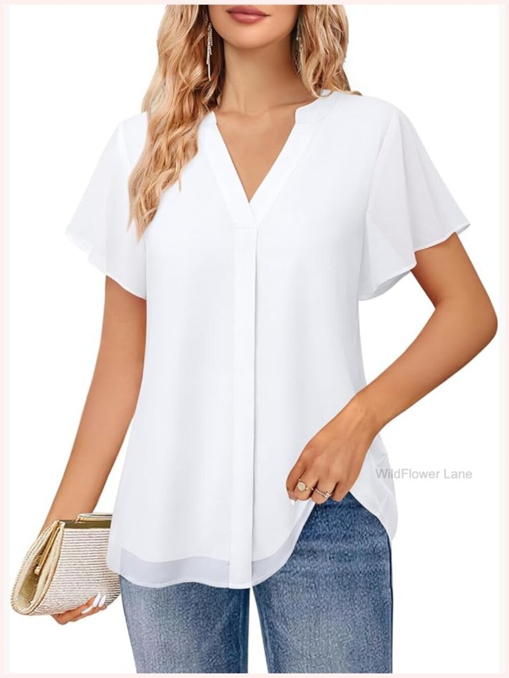Short Sleeve V Neck Double Layers Chiffon Blouse Dressy Casual Tunic Top